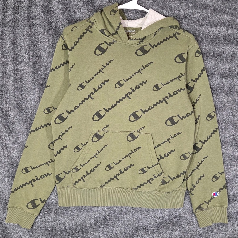 Champion Hoodie Men XL Green All Over Script Logo Pullover Sweatshirt Streetwear